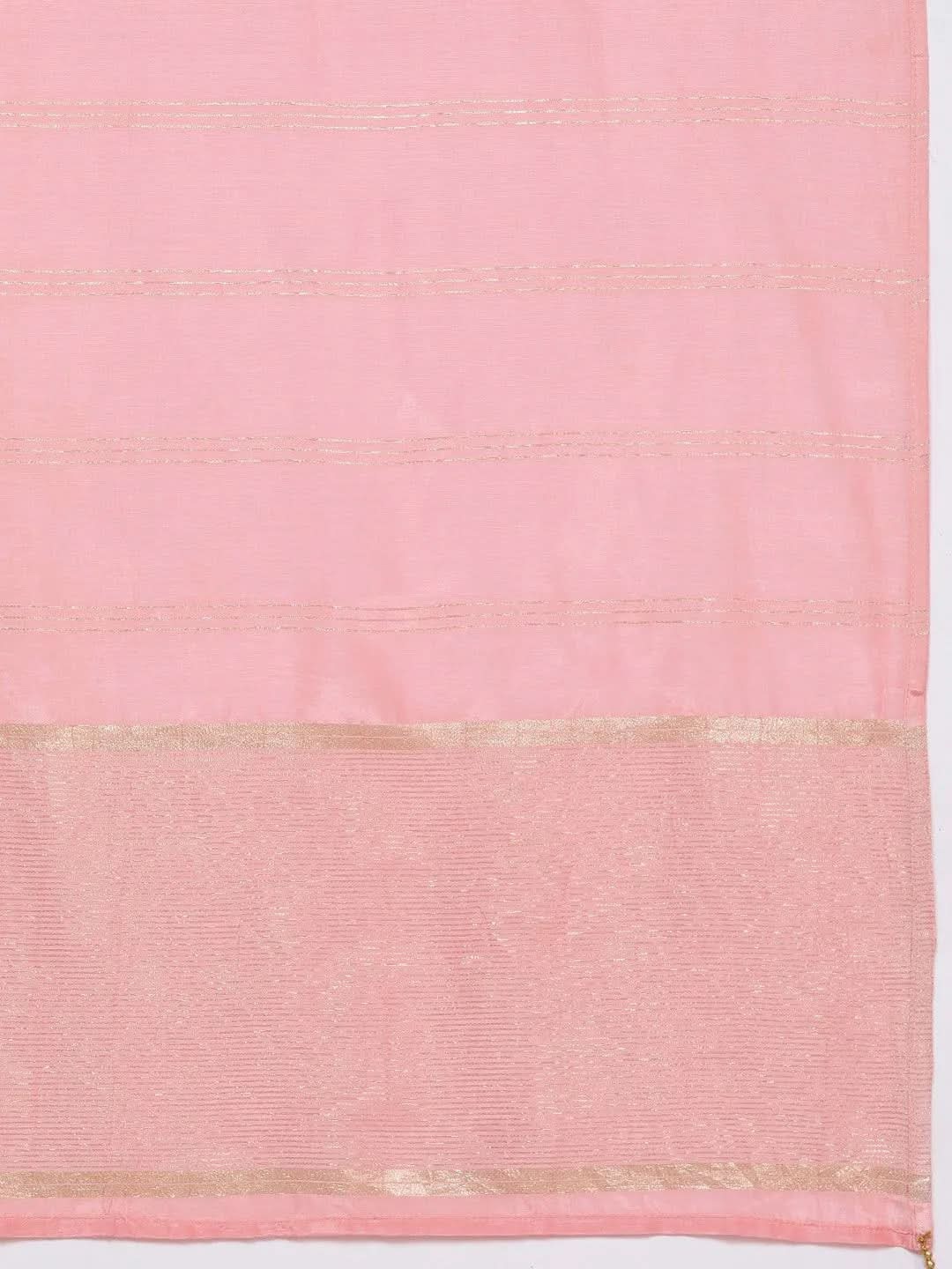 Plus Size Pink Woven Design Silk Blend Straight Suit Set - Libas 