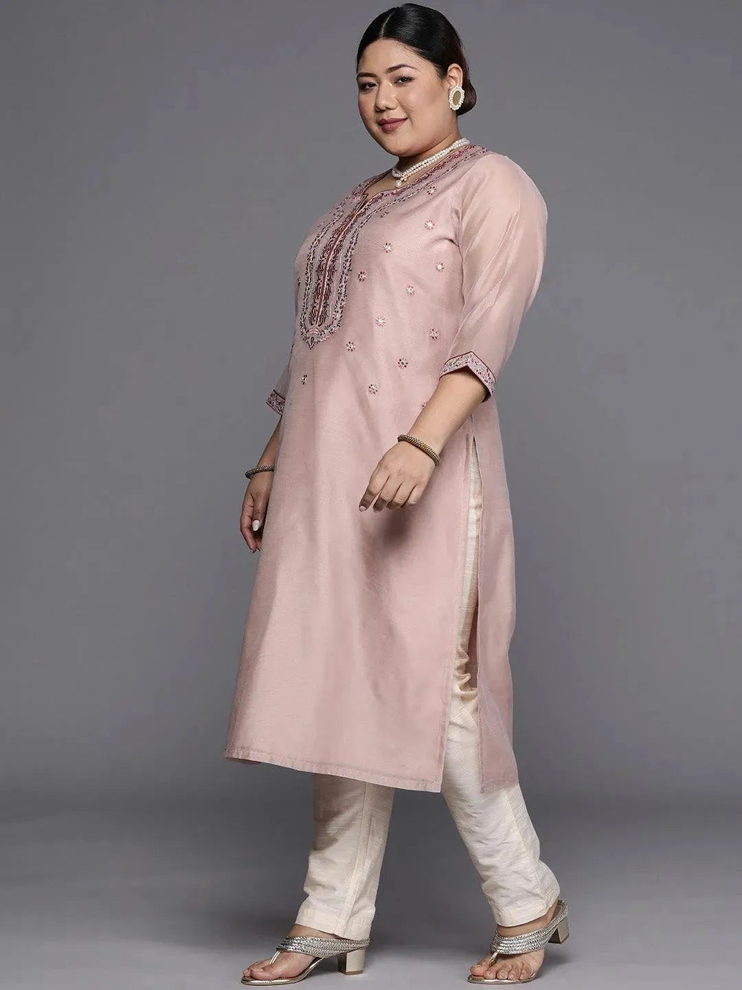Plus Size Pink Yoke Design Chanderi Cotton Straight Kurta - Libas 