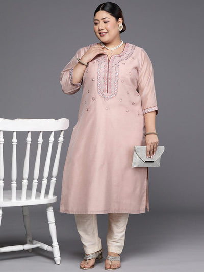 Plus Size Pink Yoke Design Chanderi Cotton Straight Kurta - Libas