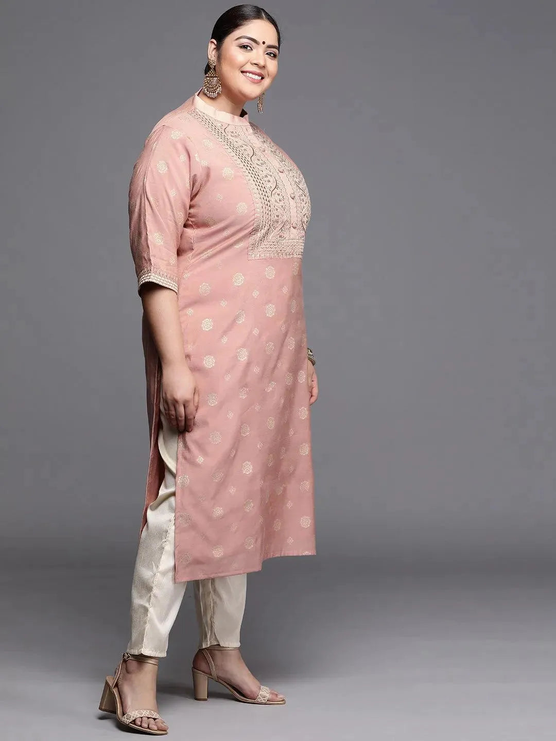 Plus Size Pink Yoke Design Chanderi Silk Kurta - Libas