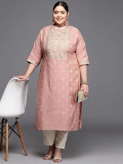 Plus Size Pink Yoke Design Chanderi Silk Kurta - Libas