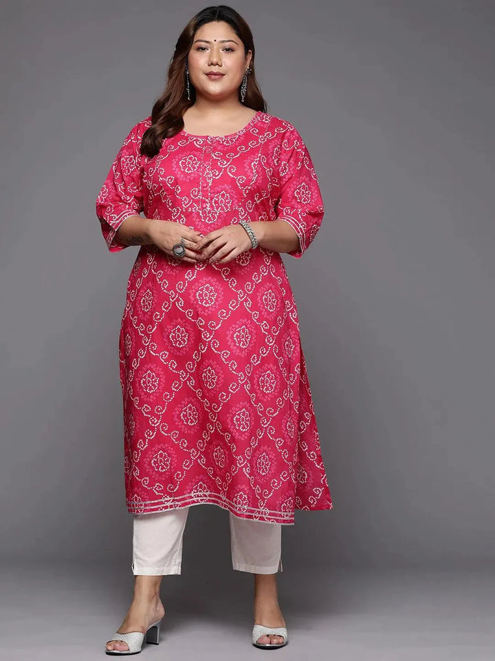 Plus Size Pink Yoke Design Cotton Straight Kurta - Libas