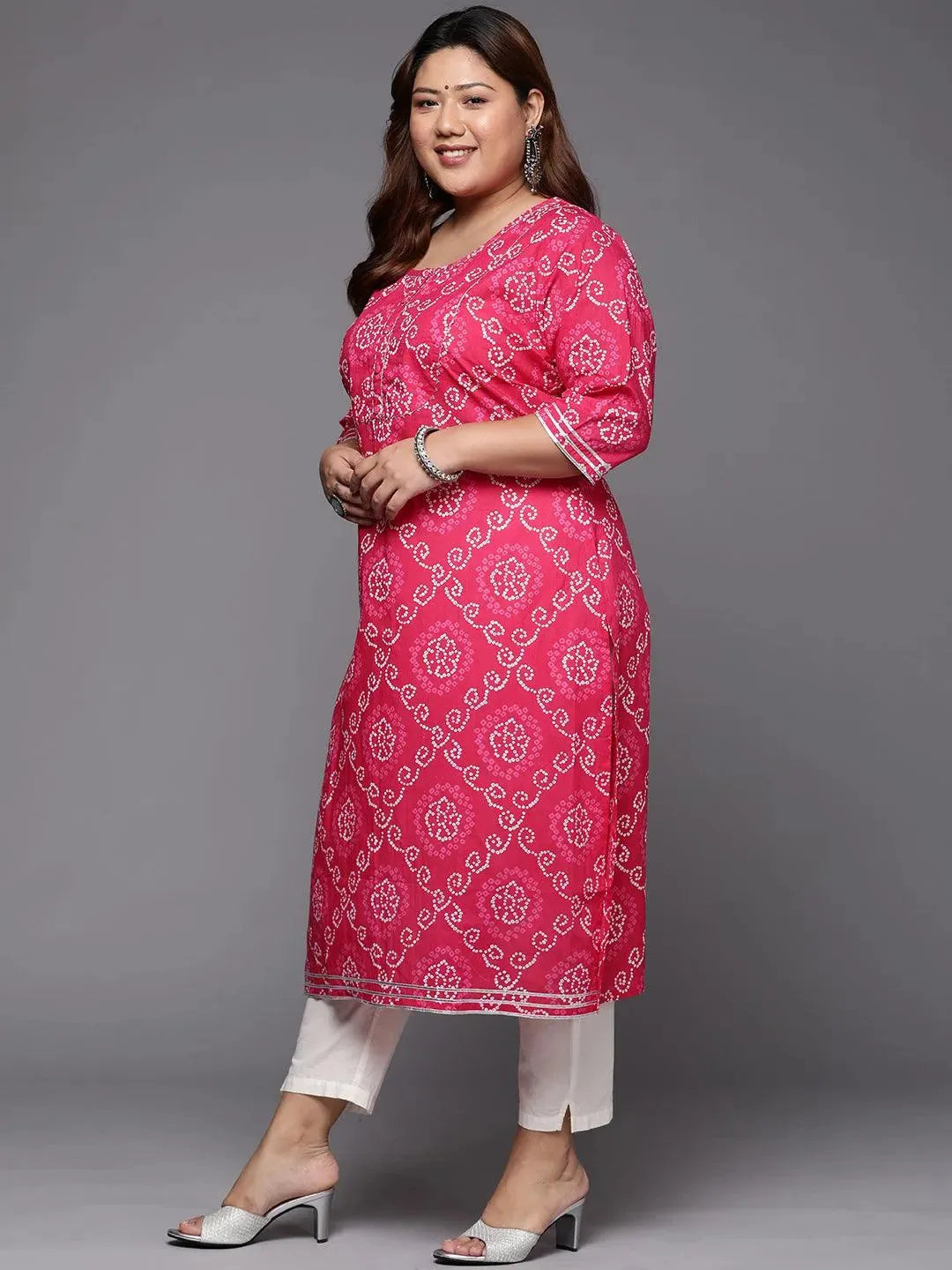Plus Size Pink Yoke Design Cotton Straight Kurta - Libas 