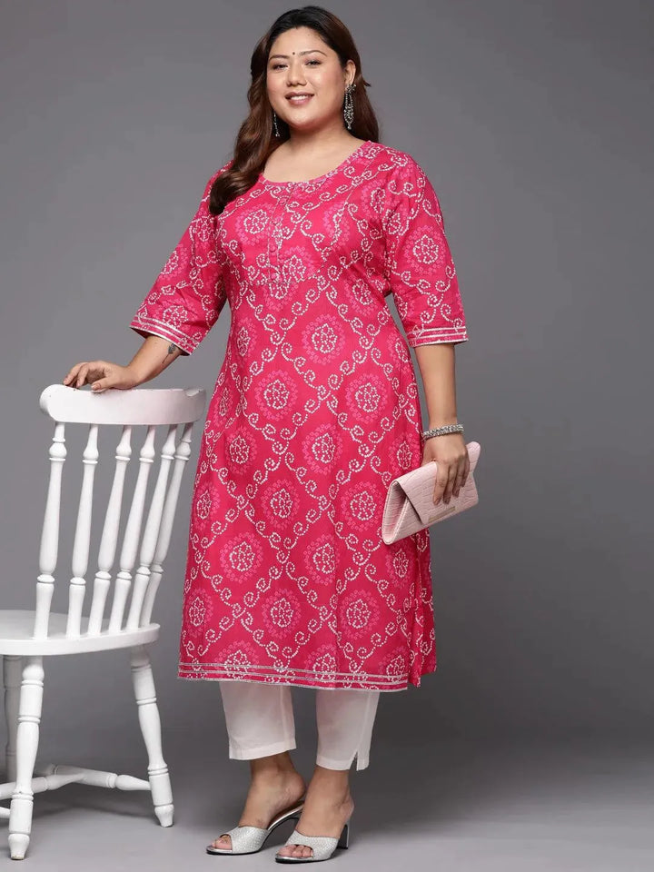 Plus Size Pink Yoke Design Cotton Straight Kurta - Libas