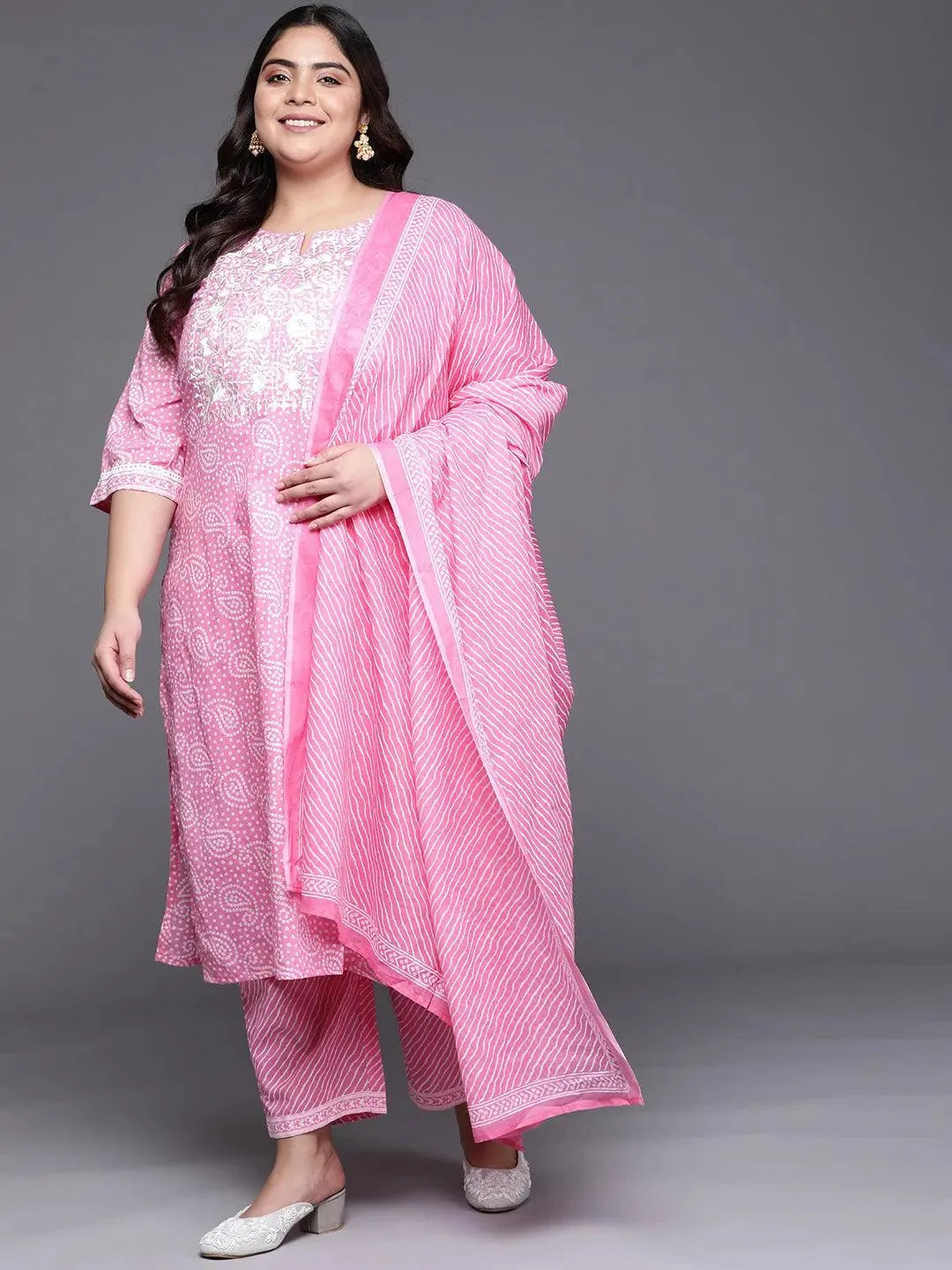 Plus Size Pink Yoke Design Cotton Suit Set - Libas