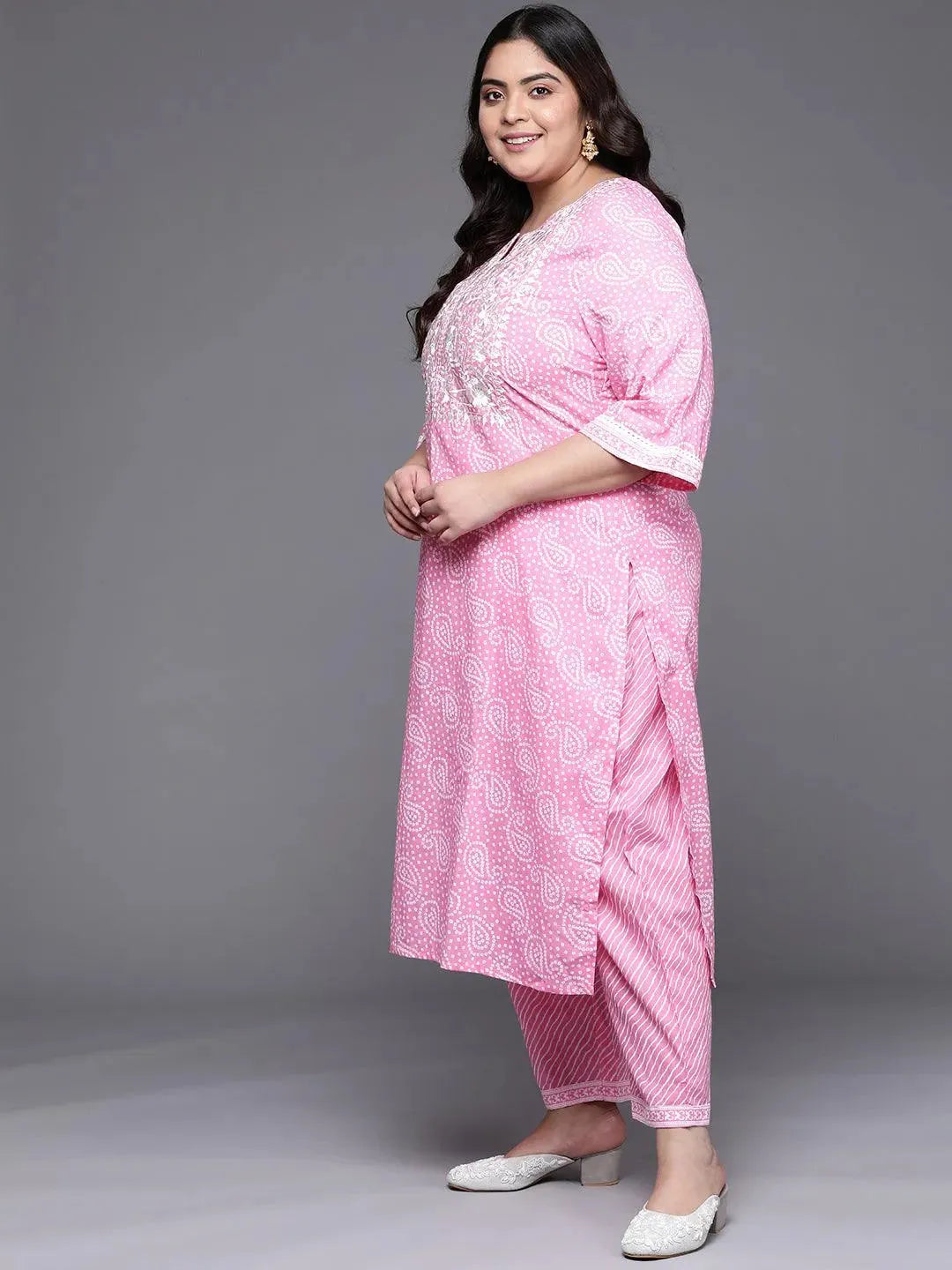 Plus Size Pink Yoke Design Cotton Suit Set - Libas 