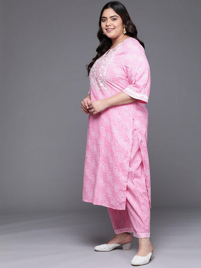 Plus Size Pink Yoke Design Cotton Suit Set - Libas