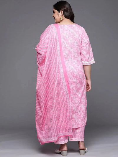 Plus Size Pink Yoke Design Cotton Suit Set - Libas