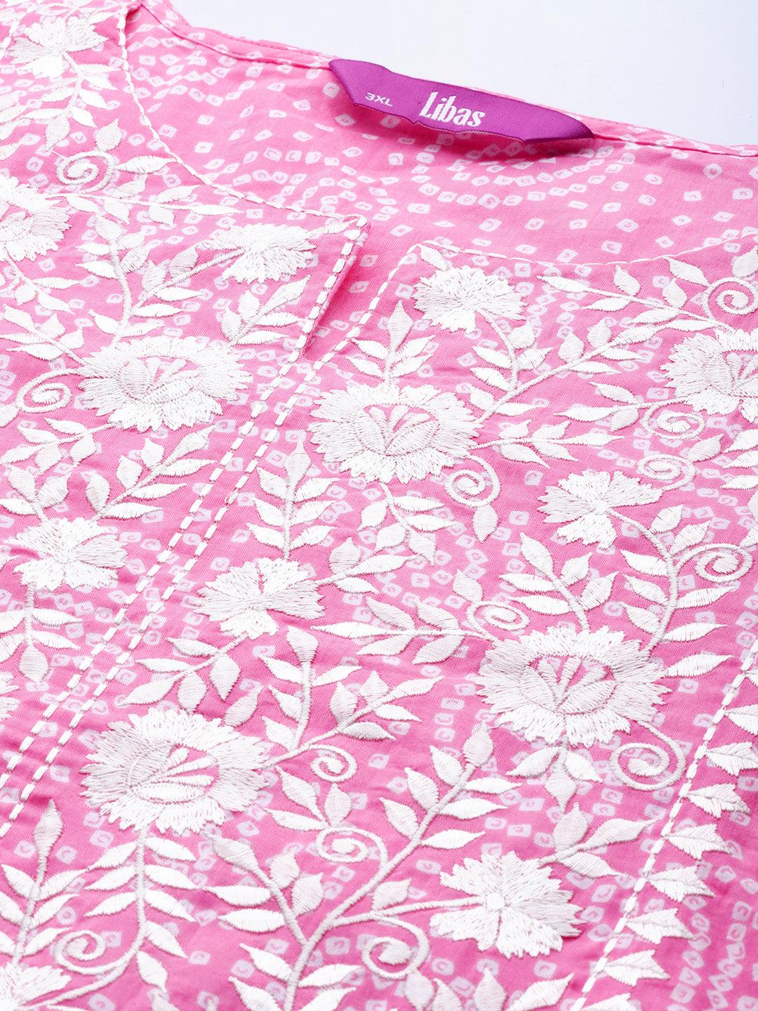 Plus Size Pink Yoke Design Cotton Suit Set - Libas