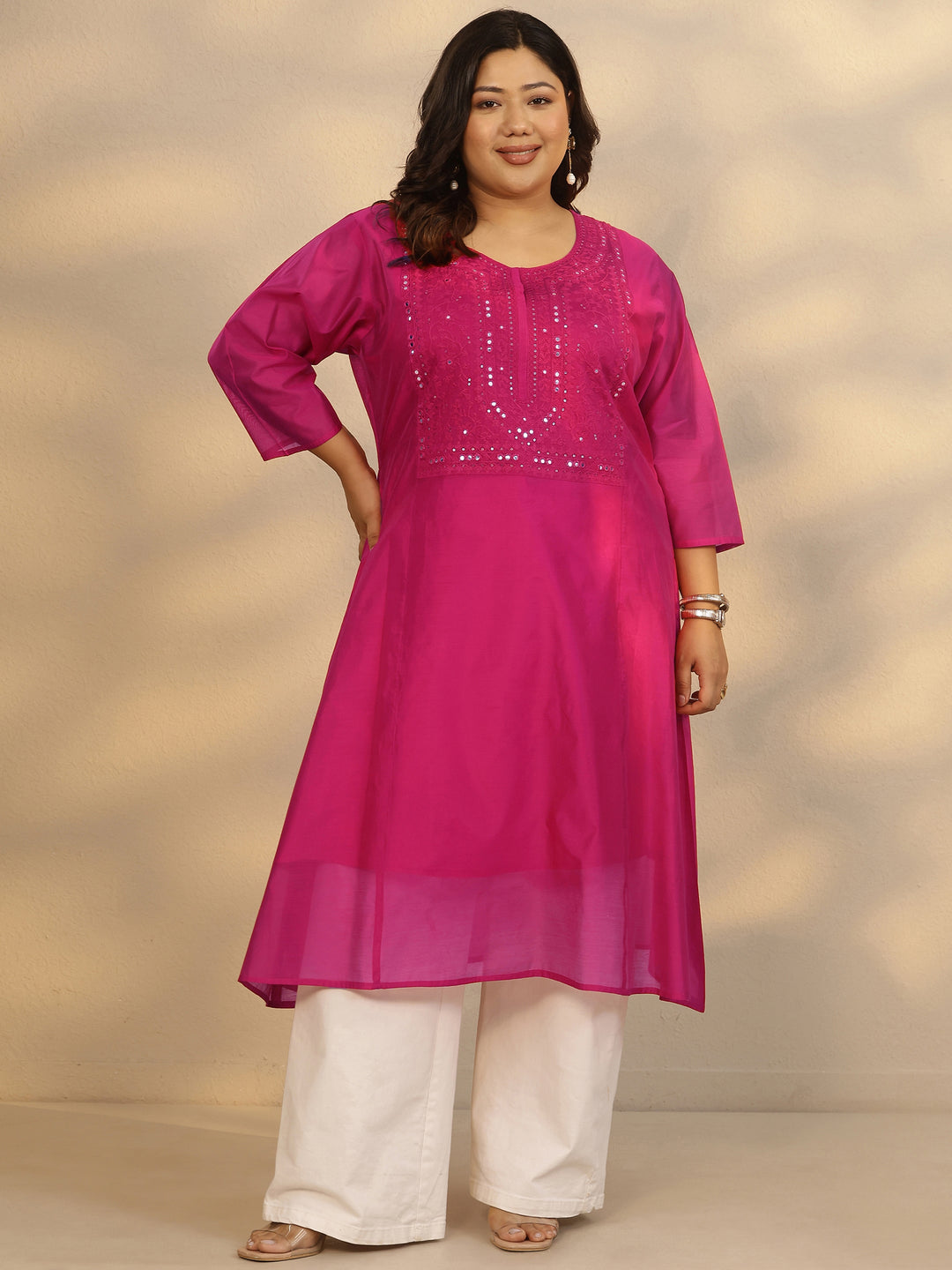  Plus Size Pink Yoke Design Silk Blend A-Line Kurta 