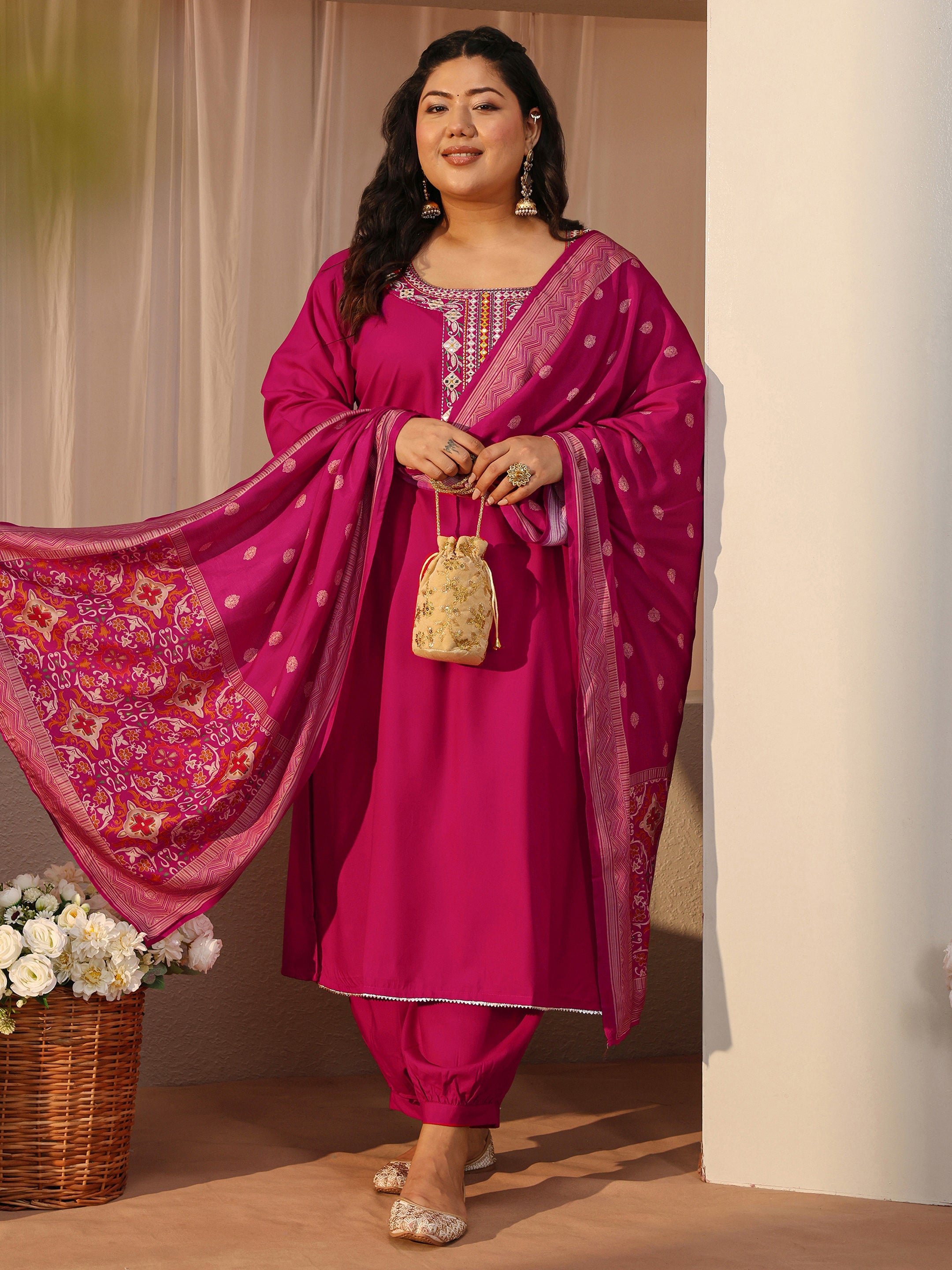libas Plus Size Pink Yoke Embroidered Silk Blend Straight Suit Set-picture-39