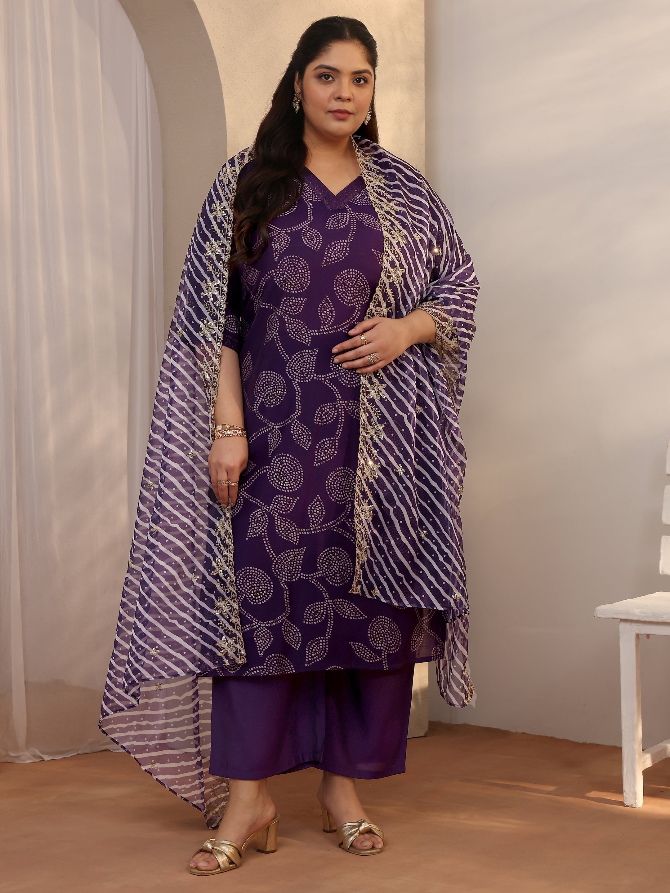 libas Plus Size Purple Bandhani Printed Silk blend Straight Suit Set With Dupatta-picture-24