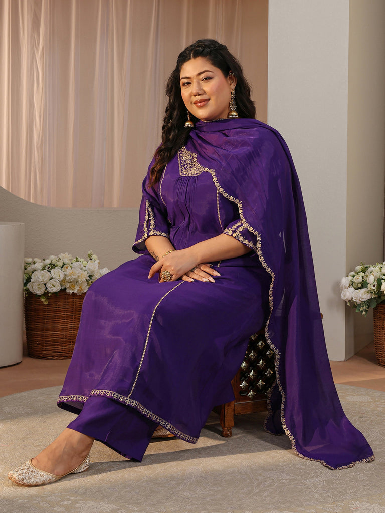 Plus Size Purple Embellished Silk Blend A-Line Suit Set