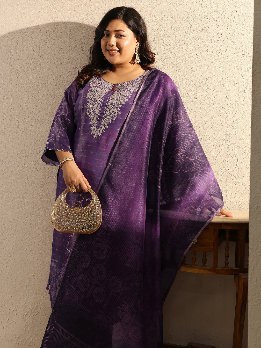  Plus Size Purple Embellished Silk blend Suit Set With Dupatta 