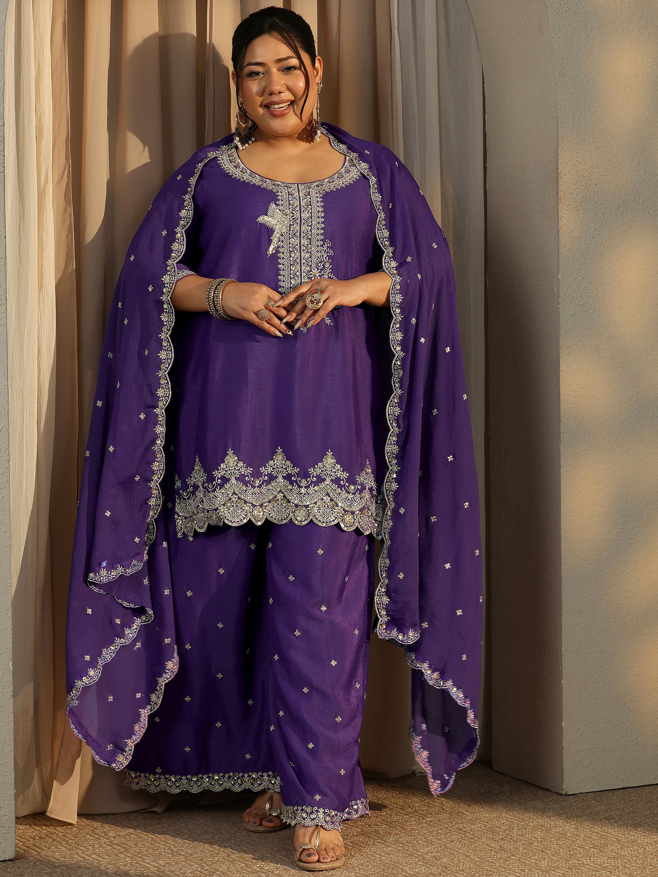 libas Plus Size Purple Embroidered Chinon Straight Suit Set With Dupatta-picture-37