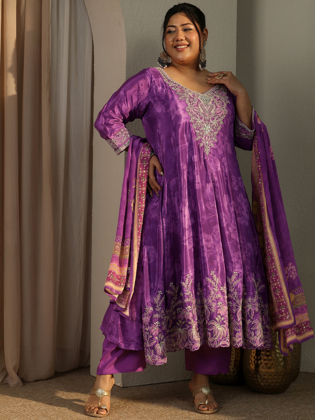 Plus Size Purple Embroidered Crepe Anarkali Suit Set With Dupatta
