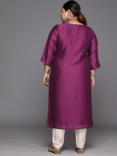 Plus Size Purple Embroidered Silk Straight Kurta - Libas