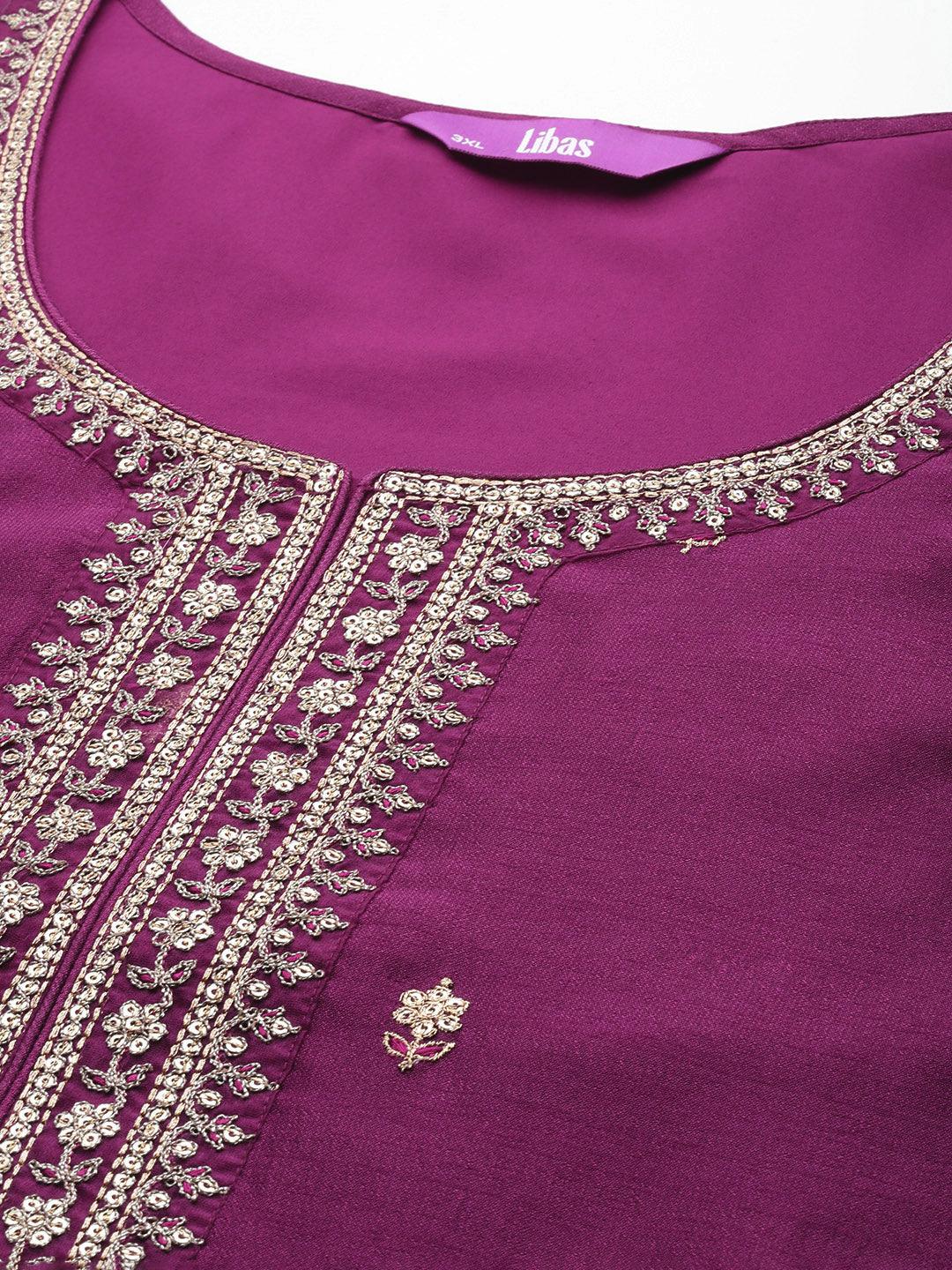 Plus Size Purple Embroidered Silk Straight Kurta - Libas