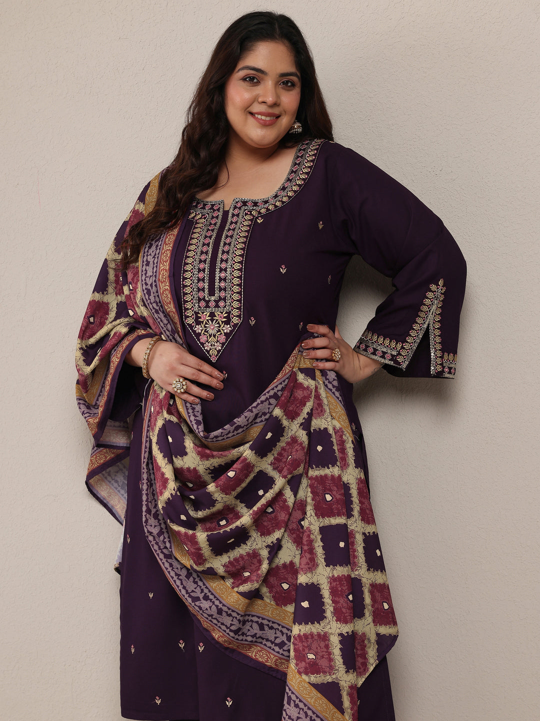  Plus Size Purple Embroidered Viscose Rayon Straight Suit Set With Dupatta 