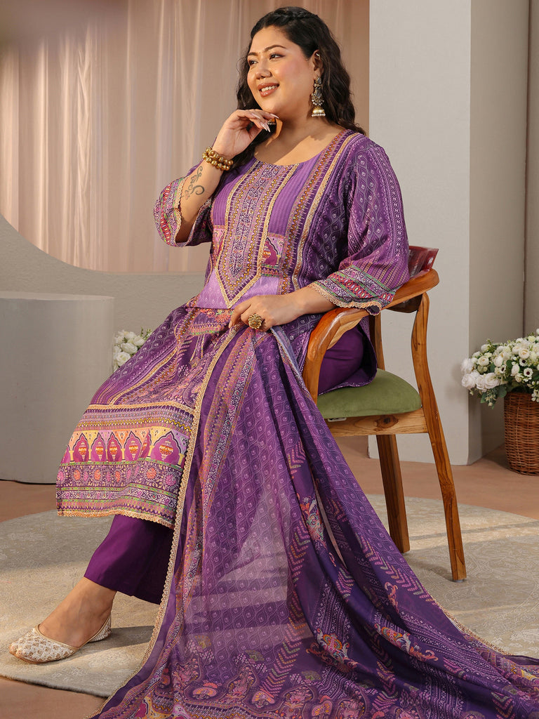 Plus Size Purple Ethnic Print Silk Blend Straight Suit Set