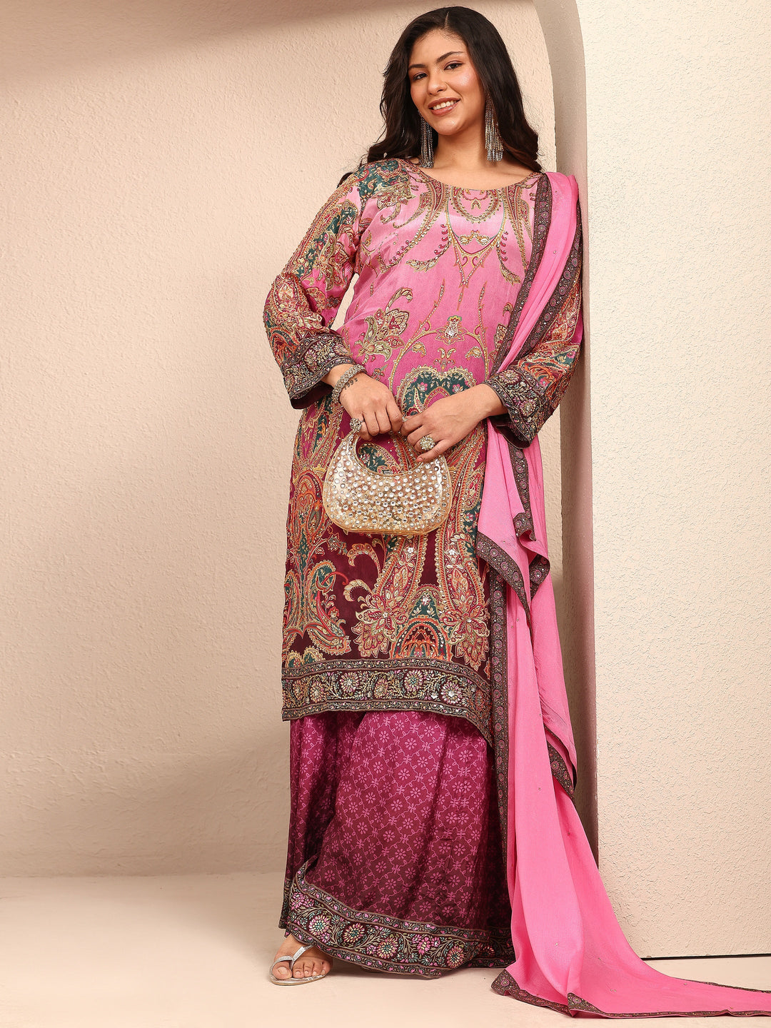 Plus Size Purple Paisley Embroidered Plus Size Clothing Crepe Straight Suit Set With Dupatta