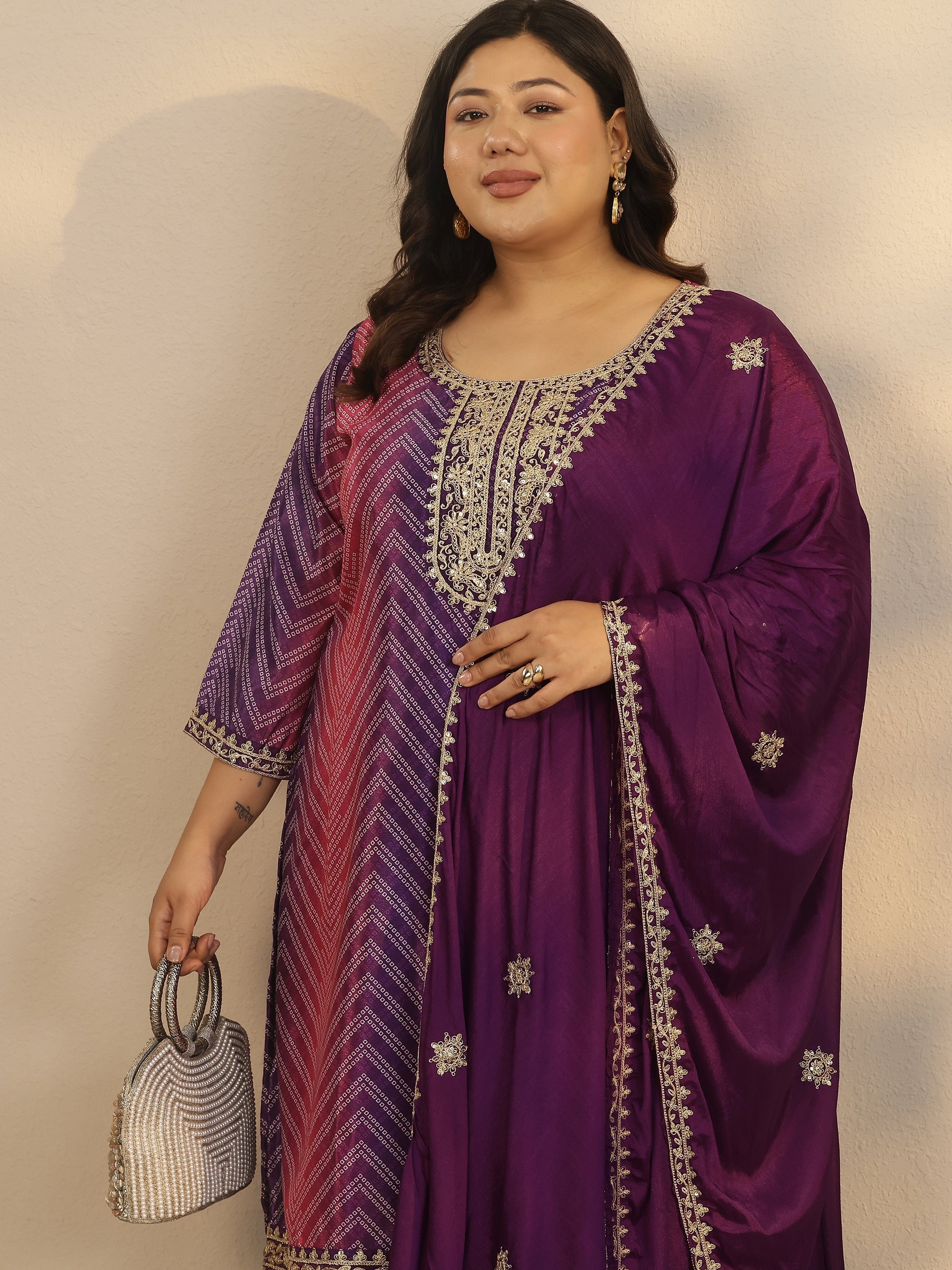 Plus Size Purple Printed Chinon Straight Suit Set With Dupatta-image-36