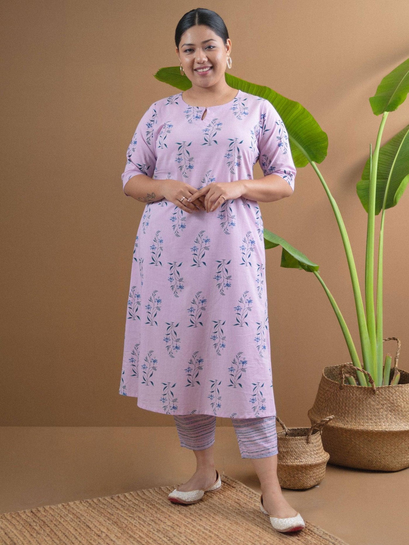 Plus Size Purple Printed Cotton Kurta Set - Libas