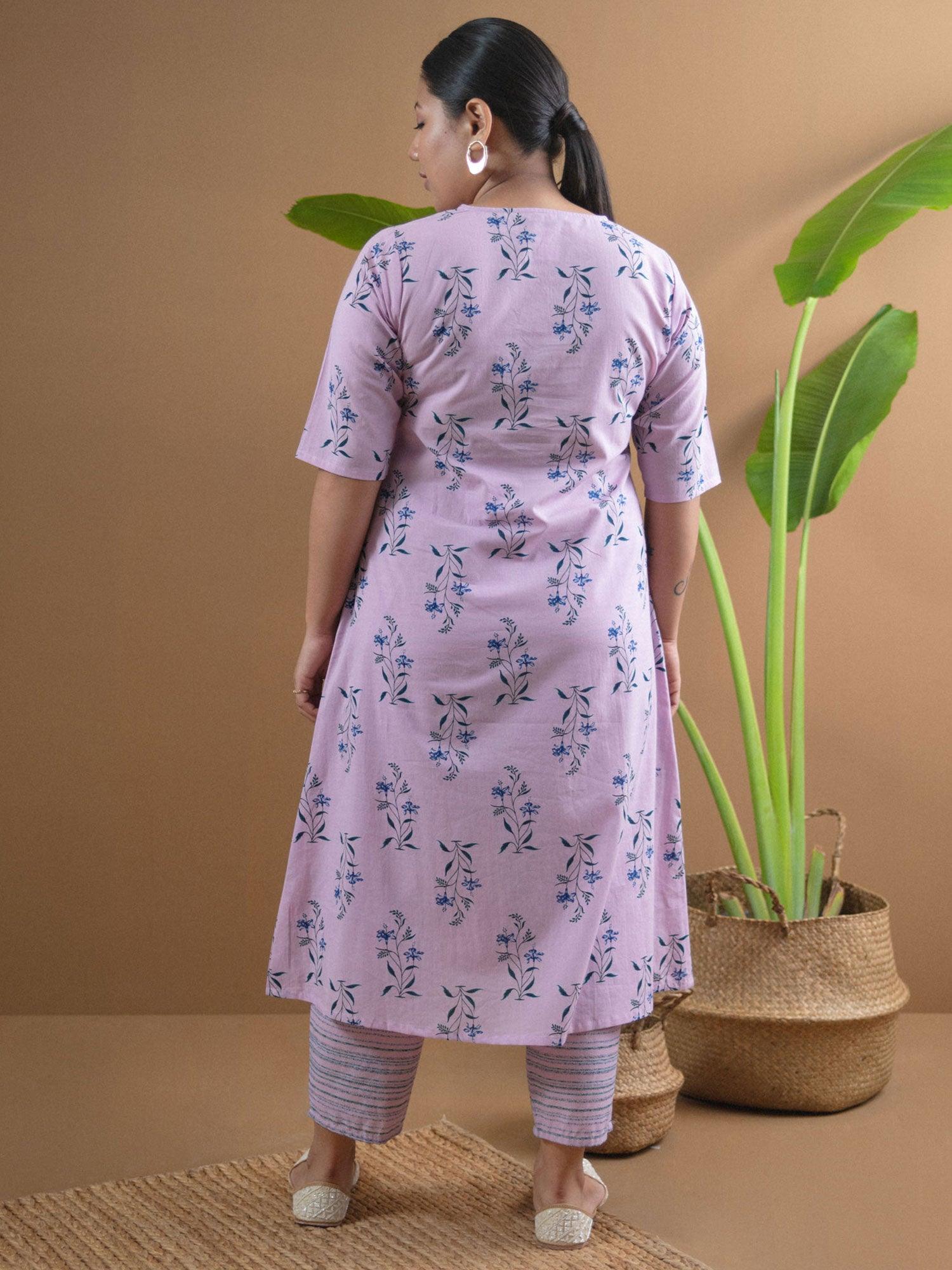 Plus Size Purple Printed Cotton A-Line Kurta With Trousers