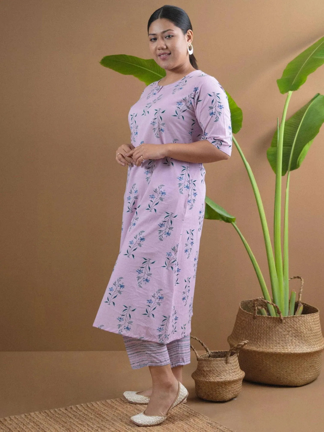 Plus Size Purple Printed Cotton Kurta Set - Libas 