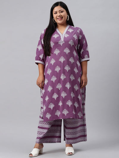 Plus Size Purple Printed Cotton Kurta - Libas
