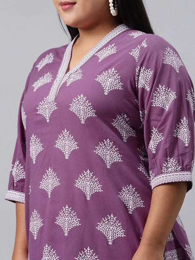 Plus Size Purple Printed Cotton Kurta - Libas