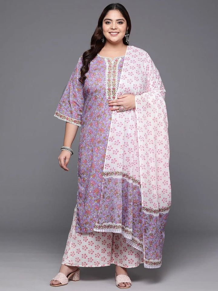 Plus Size Purple Printed Cotton Straight Kurta With Palazzos & Dupatta - Libas