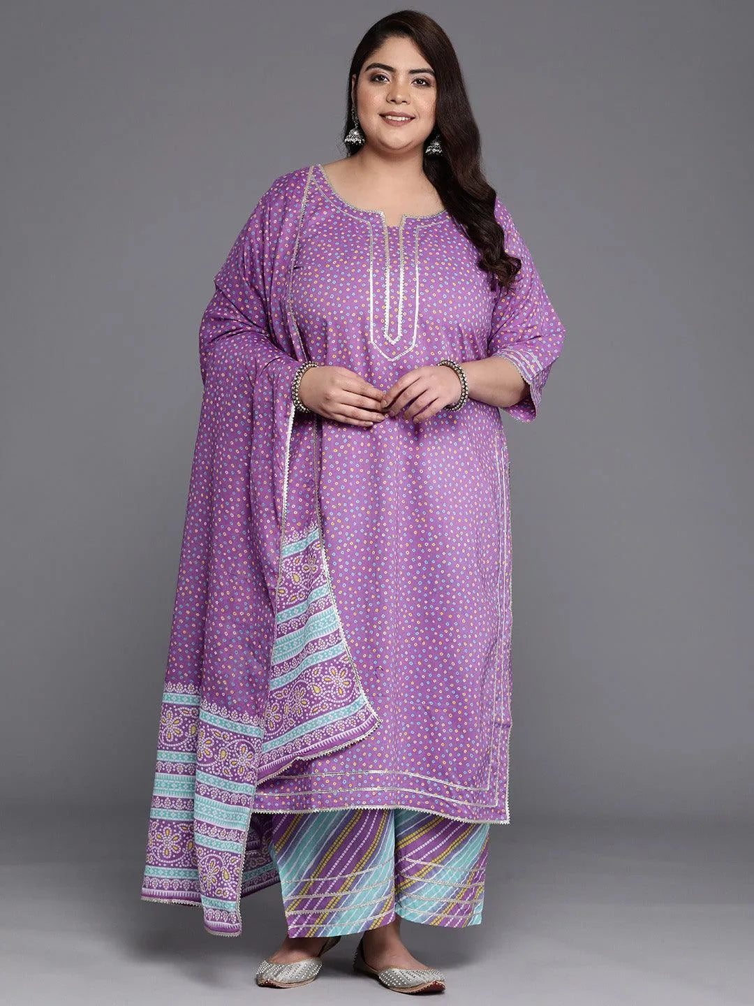 Plus Size Purple Printed Cotton Straight Suit Set - Libas
