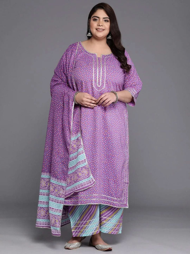 Plus Size Purple Printed Cotton Straight Suit Set - Libas