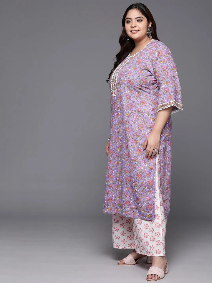 Plus Size Purple Printed Cotton Straight Kurta With Palazzos & Dupatta - Libas