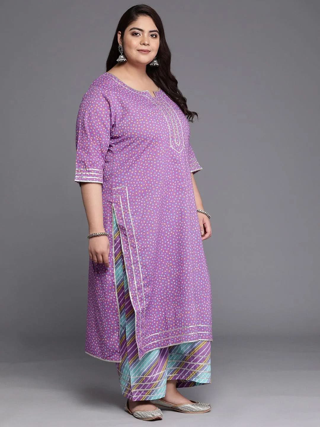 Plus Size Purple Printed Cotton Straight Suit Set - Libas 