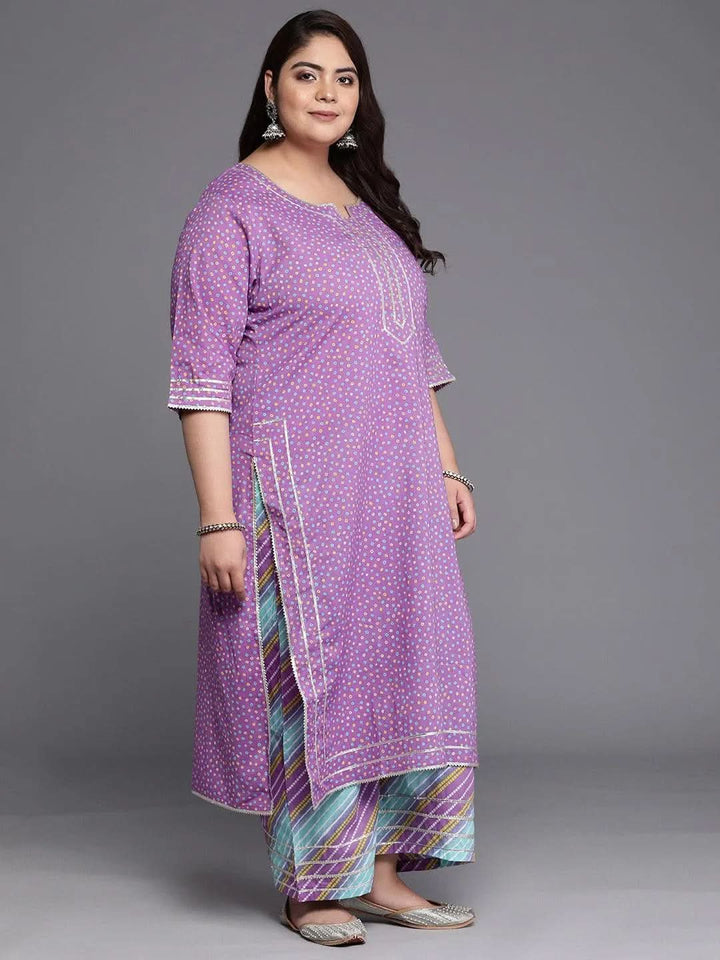 Plus Size Purple Printed Cotton Straight Suit Set - Libas