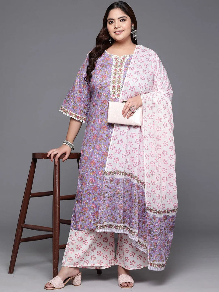 Plus Size Purple Printed Cotton Straight Kurta With Palazzos & Dupatta - Libas