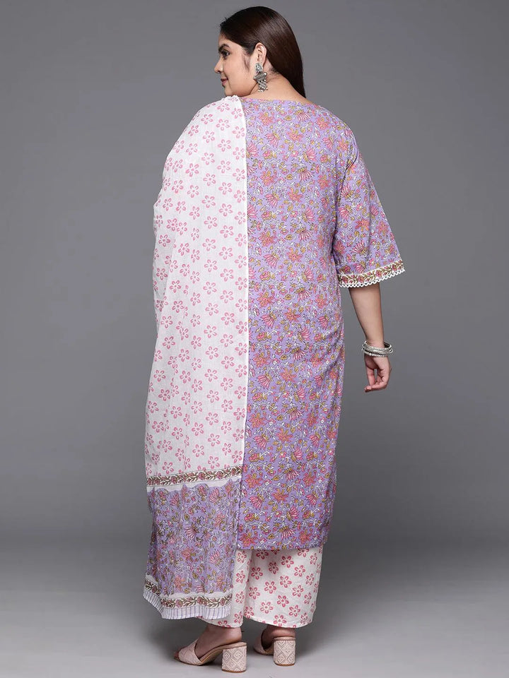 Plus Size Purple Printed Cotton Straight Kurta With Palazzos & Dupatta - Libas
