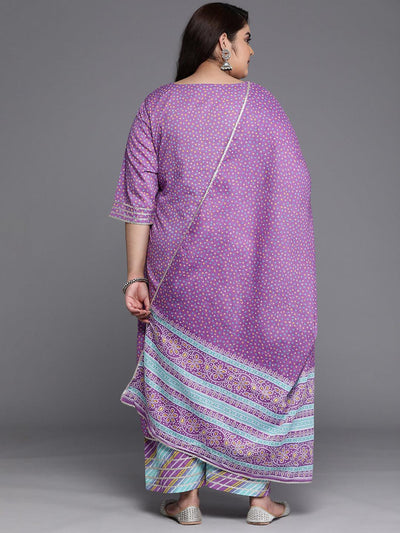 Plus Size Purple Printed Cotton Straight Suit Set - Libas