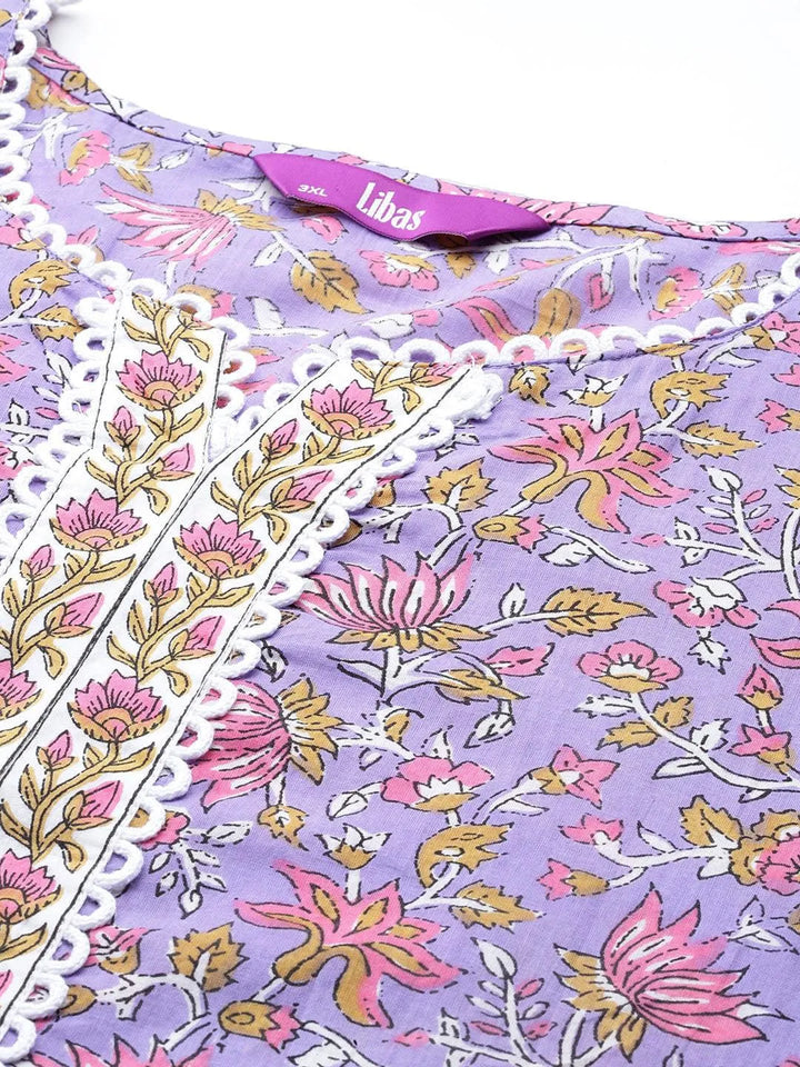Plus Size Purple Printed Cotton Straight Kurta With Palazzos & Dupatta - Libas