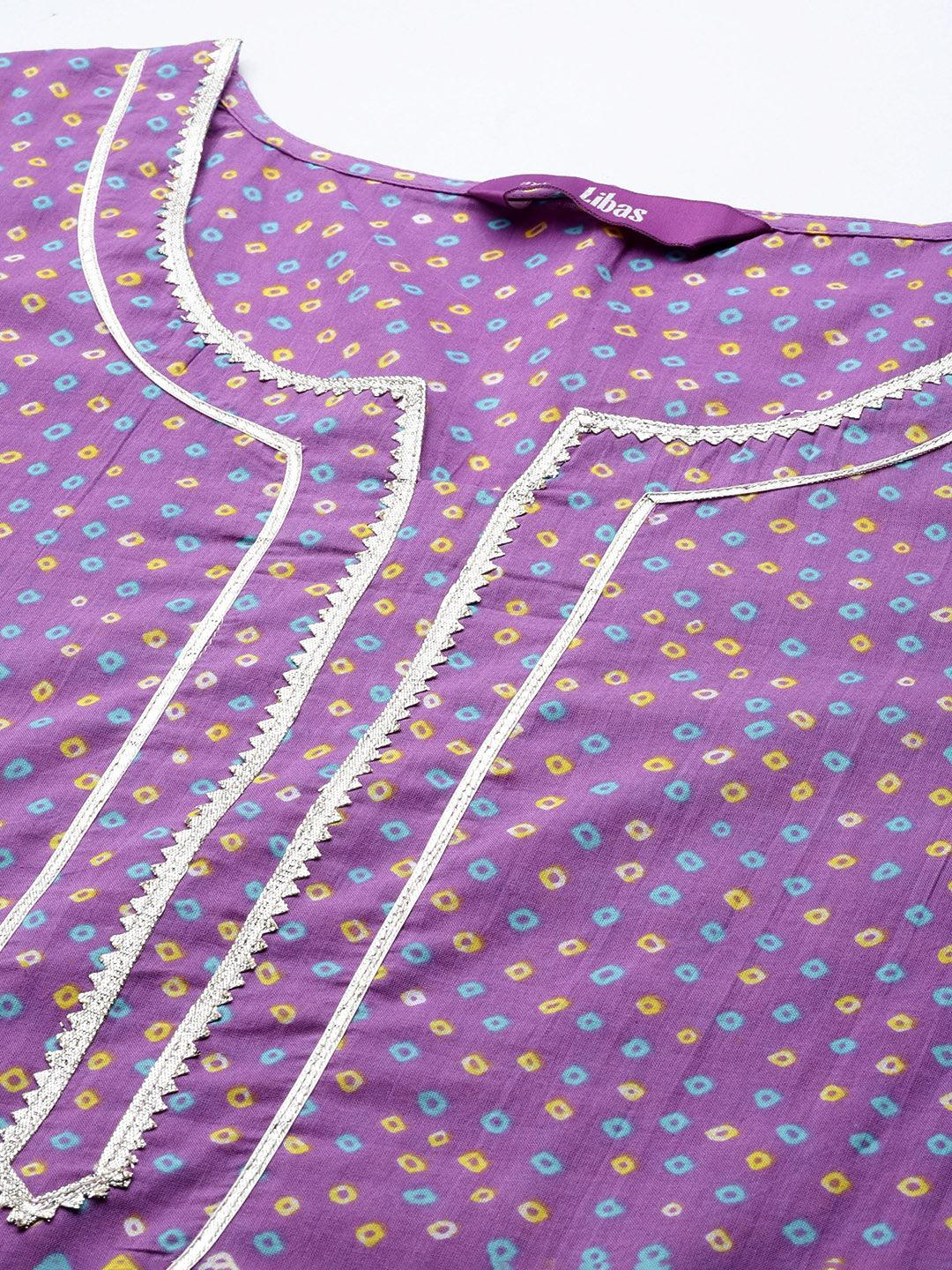 Plus Size Purple Printed Cotton Straight Suit Set - Libas