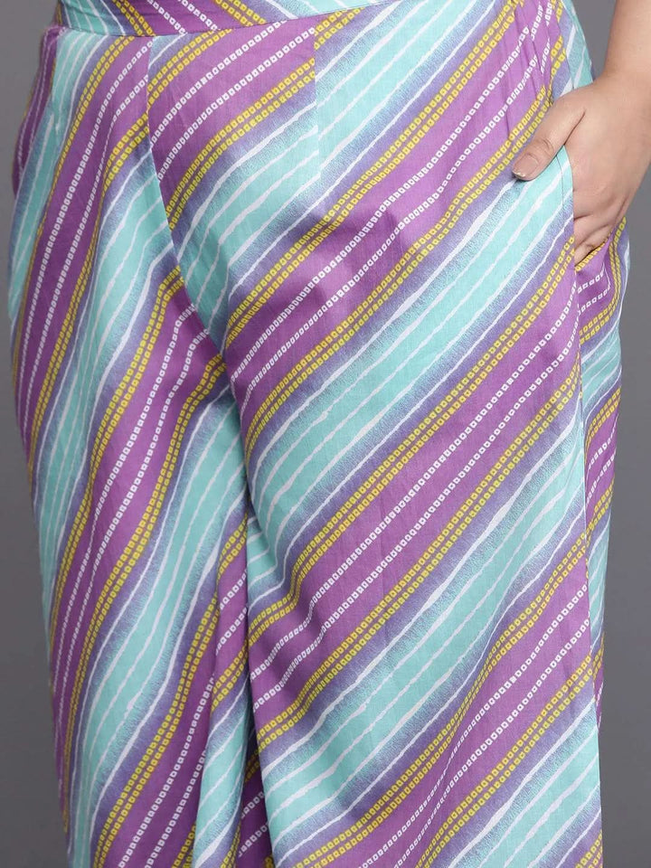Plus Size Purple Printed Cotton Straight Suit Set - Libas