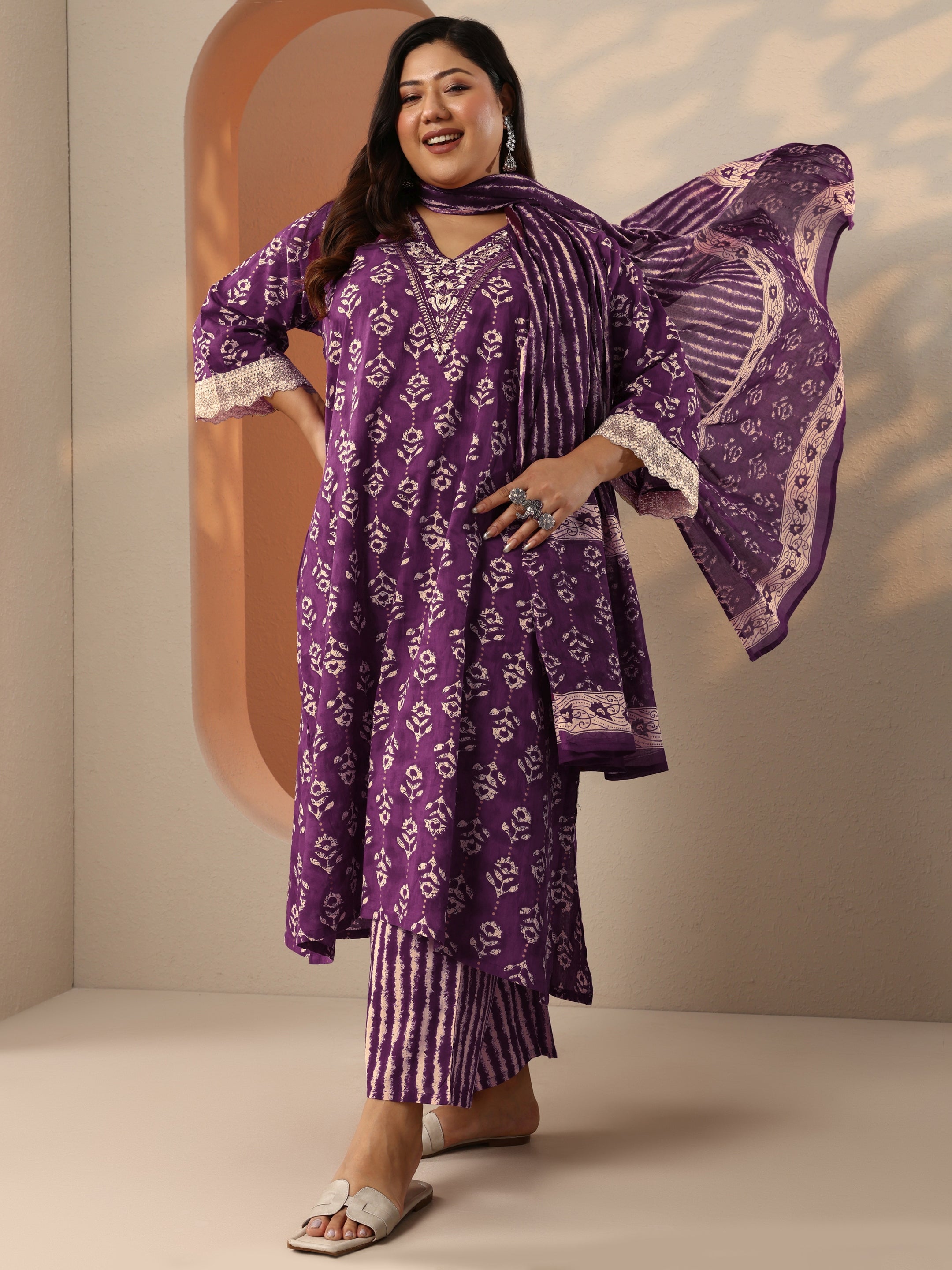 libas Plus Size Purple Printed Cotton Straight Suit Set With Dupatta-picture-17