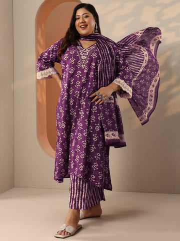 Plus Size Purple Printed Cotton Straight Suit Set With Dupatta