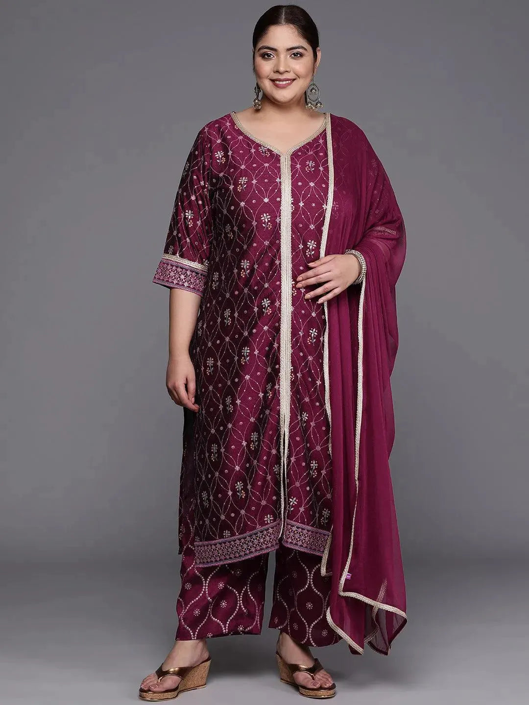 Plus Size Purple Printed Silk Blend Straight Suit Set - Libas