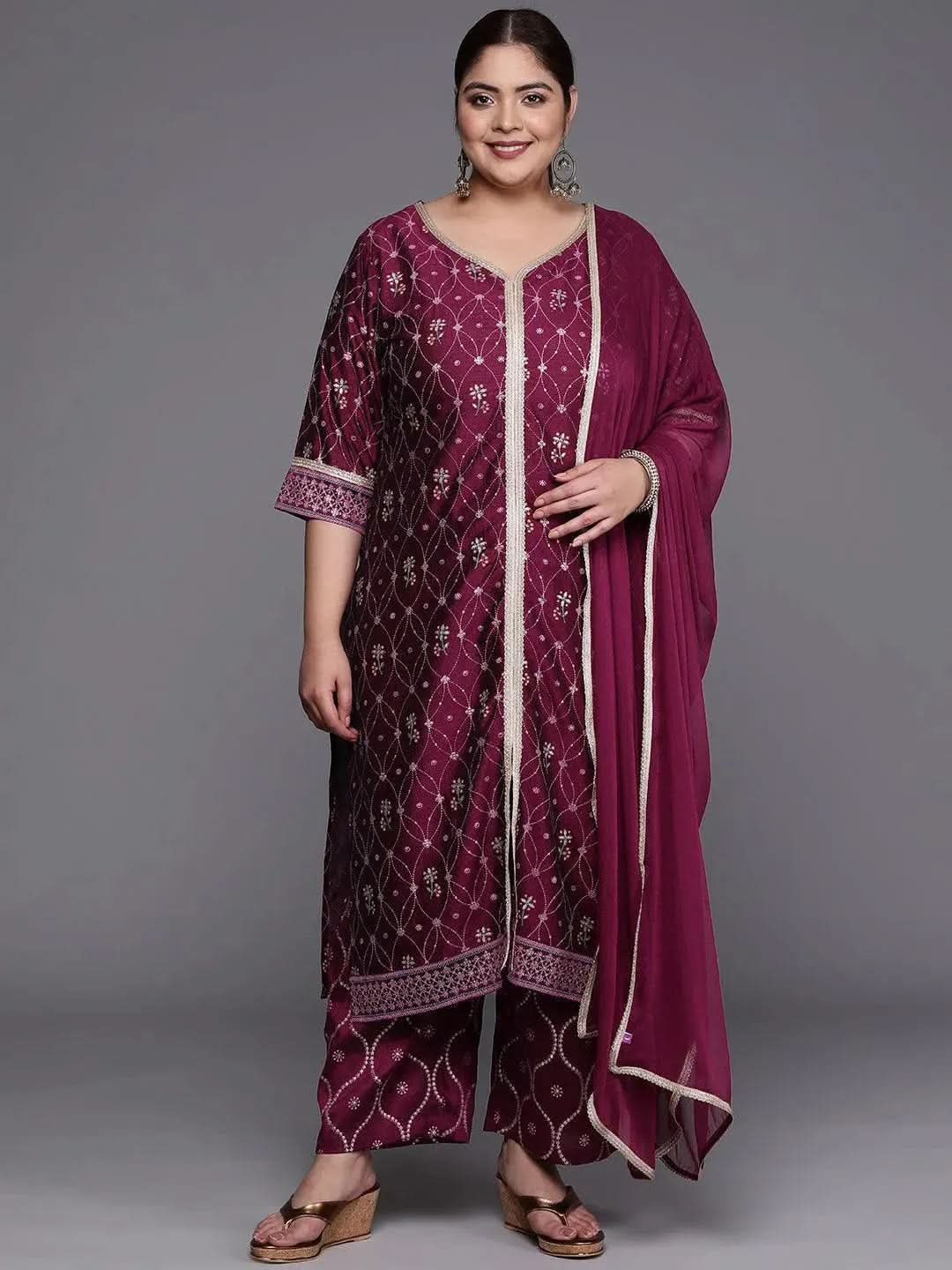 

Plus Size Purple Printed Silk Blend Straight Kurta With Palazzos & Dupatta