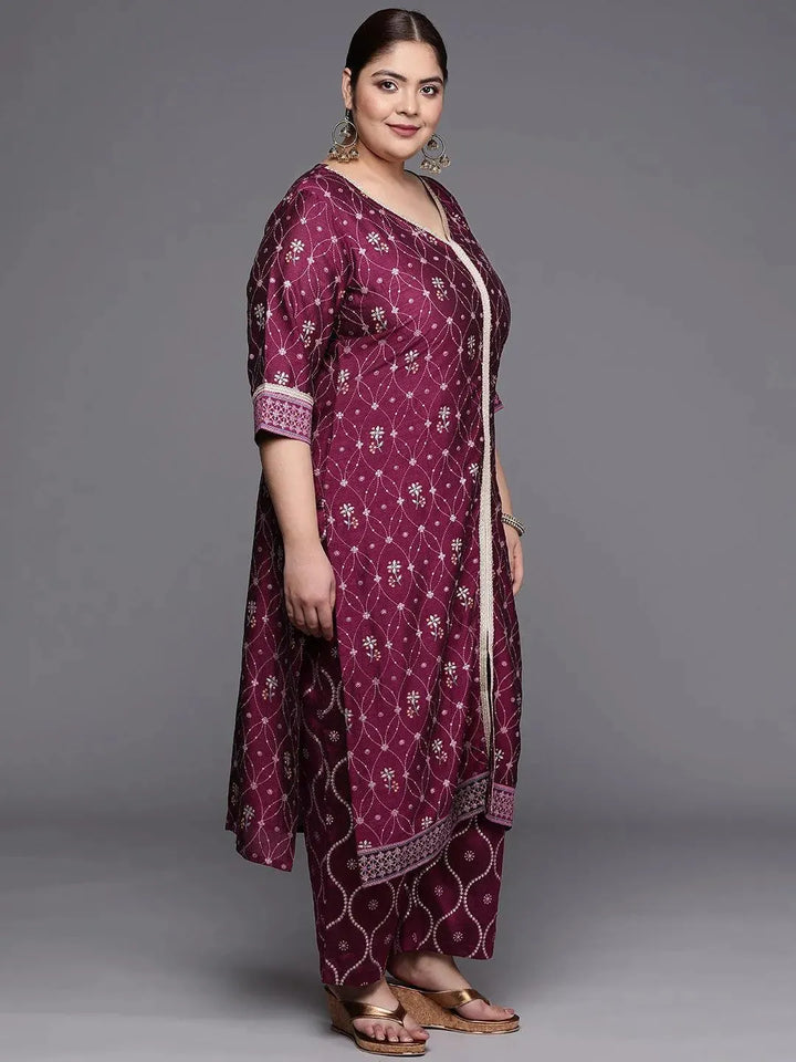 Plus Size Purple Printed Silk Blend Straight Suit Set - Libas