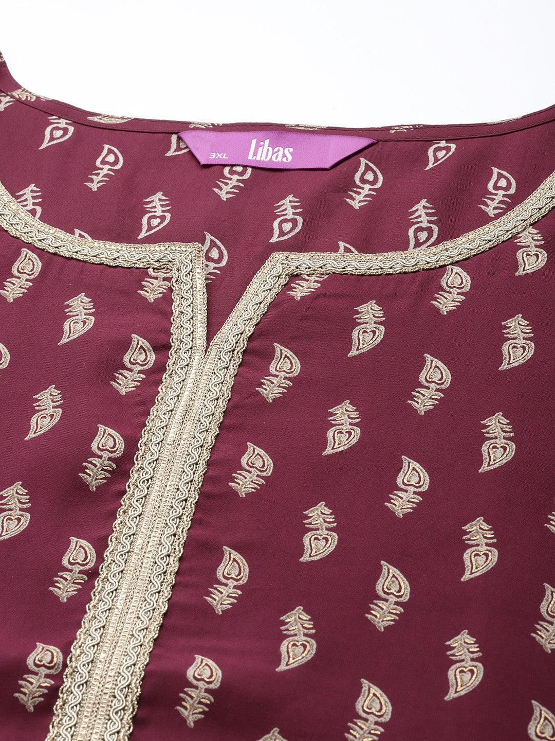 Plus Size Purple Printed Silk Blend Straight Kurta With Palazzos & Dupatta