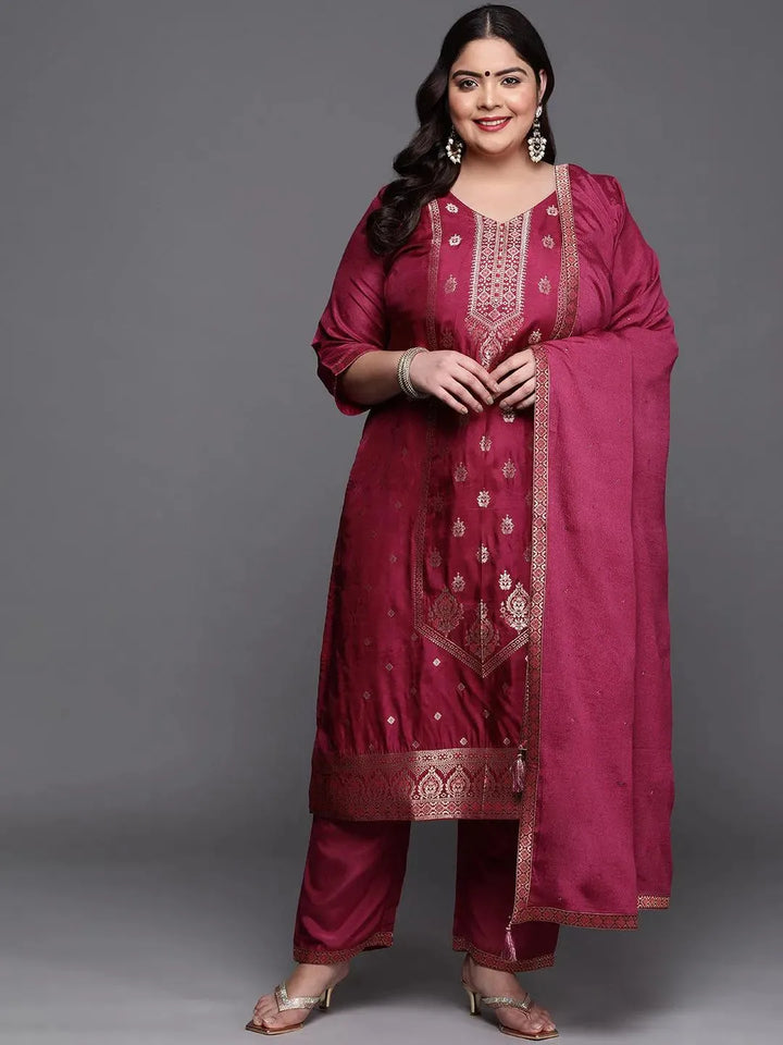 Plus Size Purple Self Design Silk Blend Suit Set - Libas